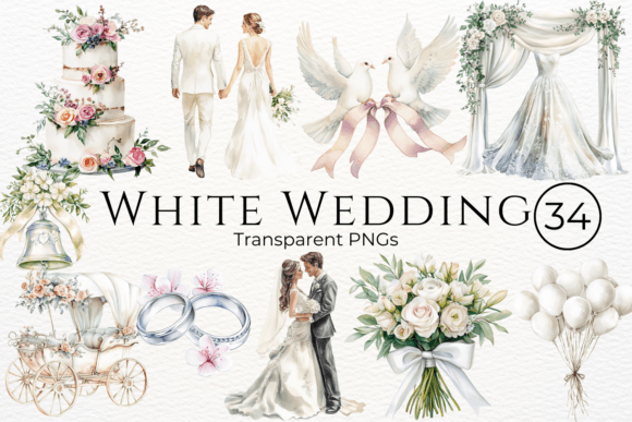 Elegant White Wedding Watercolor Cliparts for Designers