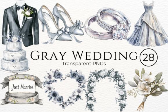 Gray Wedding Watercolor Cliparts: Elegant Design Assets