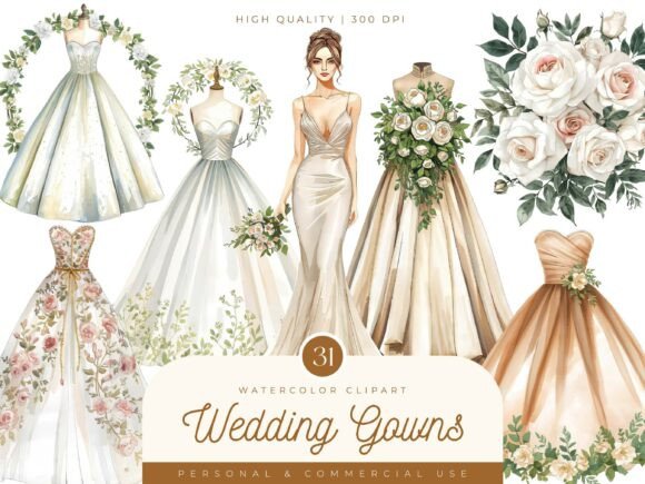 Soft Hues and Gentle Silhouettes: Watercolor Wedding Gowns Clipart