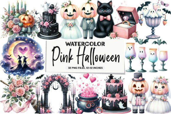 Spooky Meets Sweet: Pink Halloween Witch Wedding Clipart for Designers