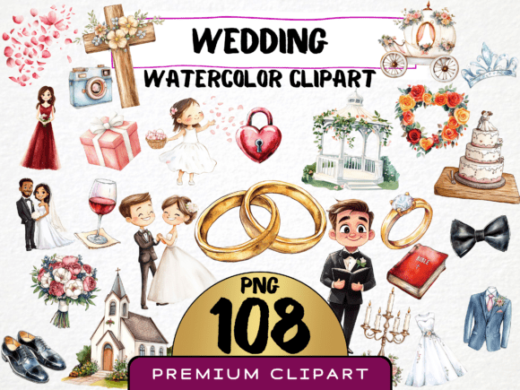 Watercolor Wedding Clipart: 108 Charming PNGs for Your Projects