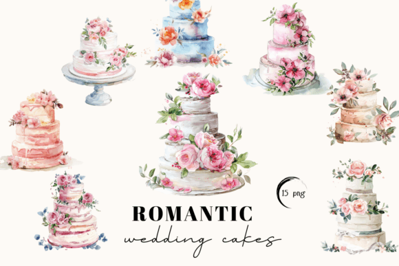 Watercolor Wedding Clipart: Elegant Cake Designs