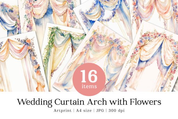 Wedding Curtain Arch Flowers Watercolor: A Dreamy Design Asset